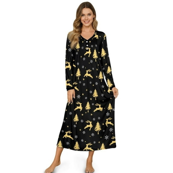 DISNIMO Deer Tree Snowflake Printed Nightgowns for Women Long Sleeve Nightshirts Long Soft Ladies Sleep Shirt Full Length House Dress, 3XL