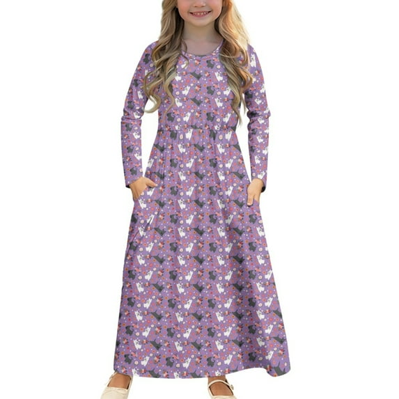 DISNIMO Dog Flower Kids Long Sleeve Dresses for Girls Long Sleeve Dresses Size 11-12 Dress with Pockets for Kids Dress Long Sleeve Lightweight Girls Fall Midi Dress with Sleeves