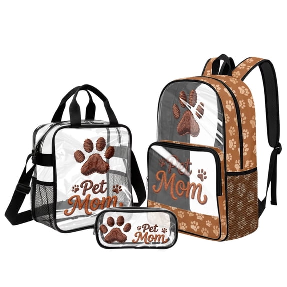 DISNIMO Dog Paw Print 3PCS Clear Backpack Heavy Duty, See Through School Bag for Girls, 17 Inch Large PVC Transparent Bookbag with Lunch Bag and Pencil Case for Stadium Events