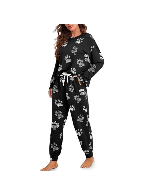 Dog Paw Print Women 2 Piece Pajama Sets Loose Fit Sleepwear Long Sleeve Top and Long Pants Sets Comfy Round Neck Loungewear Nightwear, S