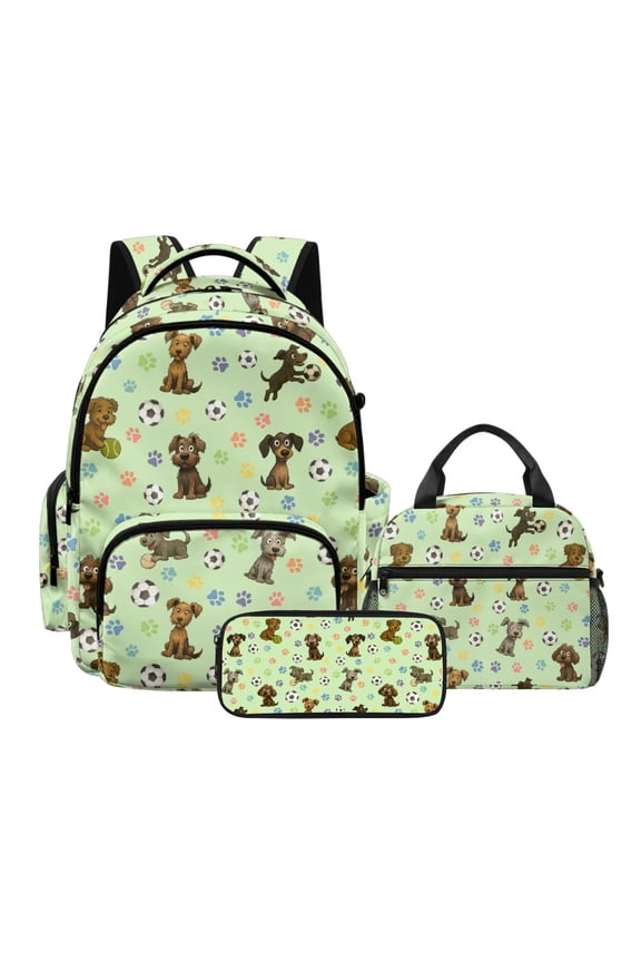 Dog Paw Printed Boys Backpack for School, Set of 3, Soccer Ball Print 17 Inch School Backpack with Lunch Box Set, Large Capacity Bookbag Travel Daypack with Pencil Pouch