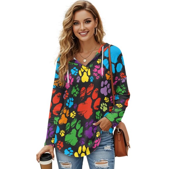 DISNIMO Dog Paw Printed Hoodies for Women Trendy Sweatshirts Long Sleeve Pullover Tops V Neck Hoodies for Daily Wear, L