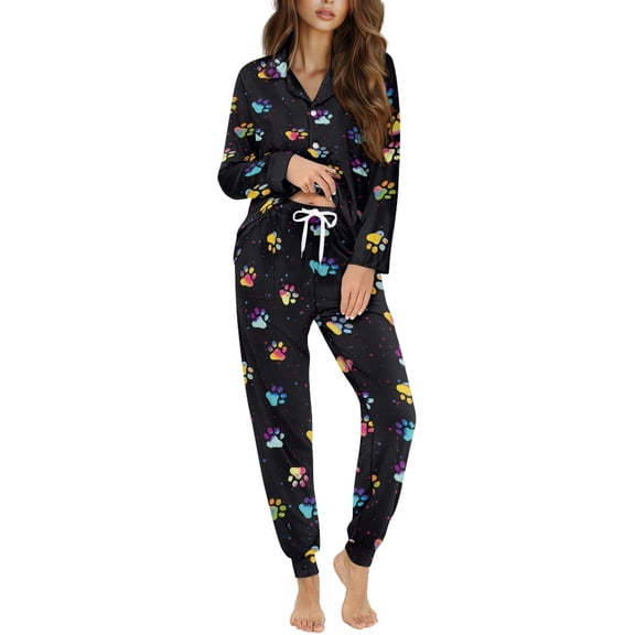 DISNIMO Dog Paw Printed Womens Pajama Set 2 Piece Soft Fashion Loungewear Long Sleeve Sleepwear with Long Pajama Pants V Neck Oversized Nighwear