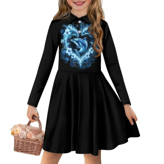 DISNIMO Dolphin Dress for Girls Flower Dress Long Sleeve Heart Dress Girls 3-4 Fall Skater Dress Girls Midi Dresses for Kids Twirl Dress with Collar for Girls Button Dress Child Twirling Dresses