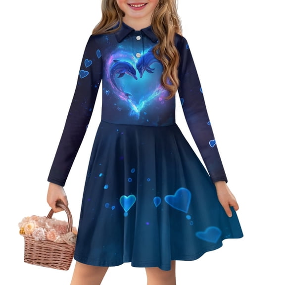 DISNIMO Dolphin Dress for Girls Heart Dresses for Children Fall Matching Dresses Girls 11-12 Long Sleeve Dresses with Collars for Girls Button Down Dress Girl Twirly Dress Kids Skater Dresses Casual