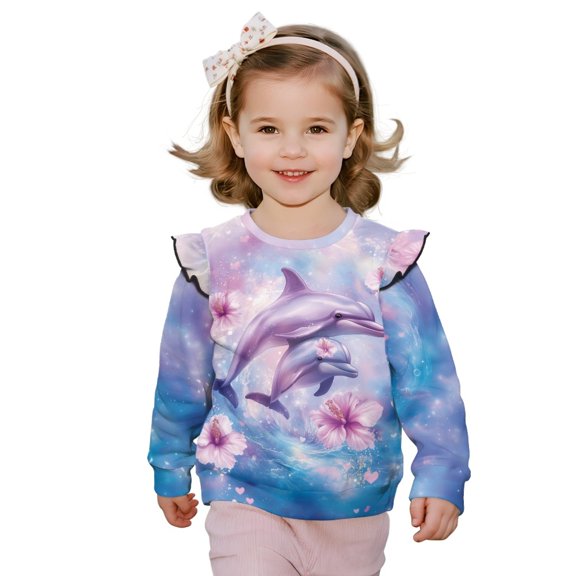 DISNIMO Dolphin Hibiscus Printed Girl Sweatshirt Long Sleeve Pullover Tops Comfy Sweater Lightweight T-Shirts for Fall Winter 4-5 Years