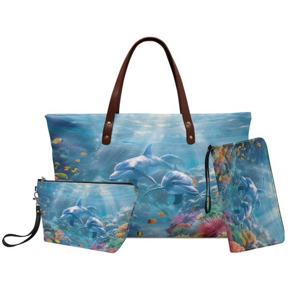 DISNIMO Dolphin Print Handbag Wallet Set for Women Large Tote Bag with Zipper Closure Top Handle Satchel Handbag for Daily Use, Blue