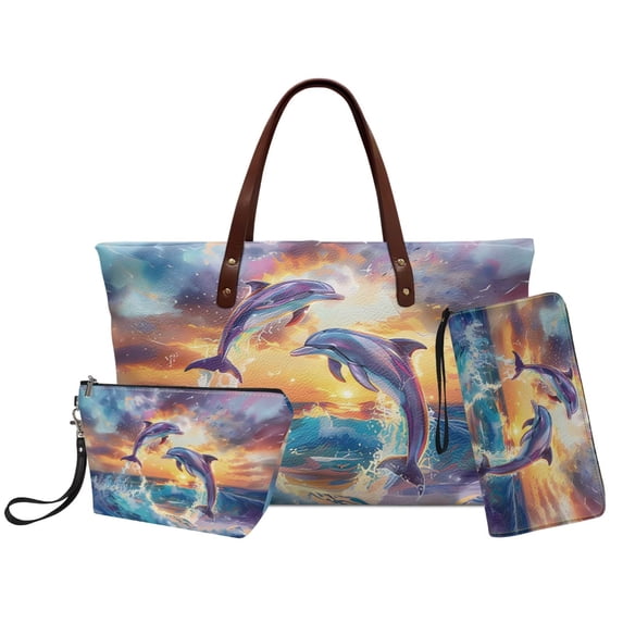 DISNIMO Dolphin Print Top Handle Purse Set Womens Fashion Tote Bag and Wallet Set with Make Up Bag PU Leather Womens Handbags for Daily Use