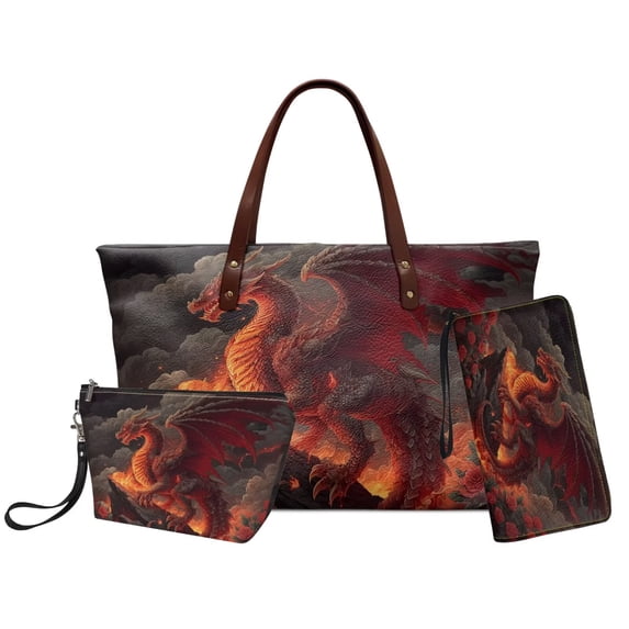 DISNIMO Dragon Print Handbag and Wallet Set PU Leather Purses Set with Makeup Pouch Large Tote Bag for Work Gym Shopping