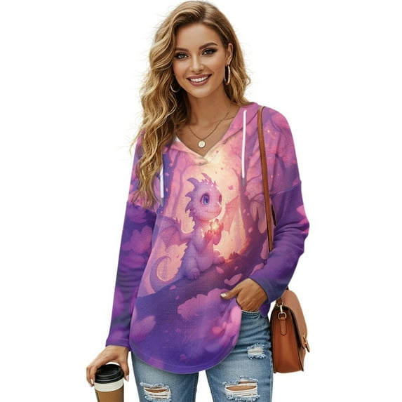 DISNIMO Dragon Printed Pullover Tops for Women Long Sleeve Sweatshirts V Neck Hoodies Waffle Shirts for Fall Winter, XL