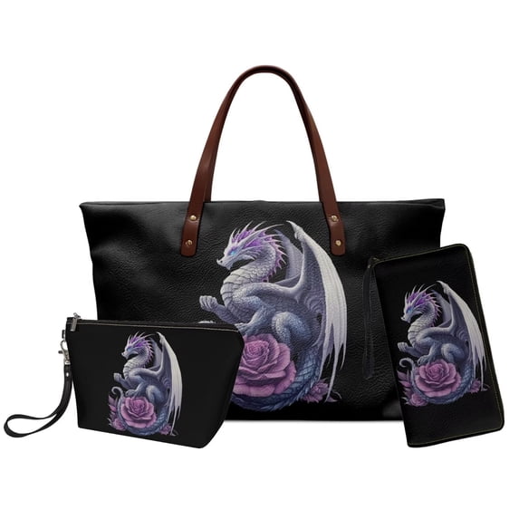DISNIMO Dragon Rose Print Handbag and Wallet Set of 3 with Makeup Pouch PU Leather Satchel Shoulder Bag Fashion Portable Hobo Handbag for Daily Use