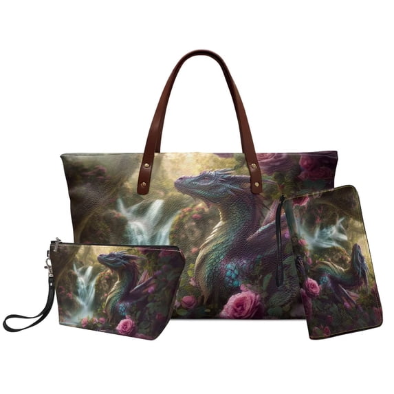 DISNIMO Dragon Rose Print Purses for Women 3 Pack Leather Handbag Set Fashion Top Handle Bag with Matching Wallet & Makeup Pouch