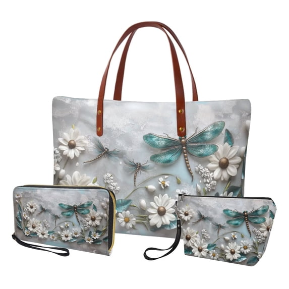 DISNIMO Dragonfly Daisy Print Top Handle Handbag Womens Fashion Tote Bag and Wallet Set with Makeup Pouch Portable Large Satchel Shoulder Handbag