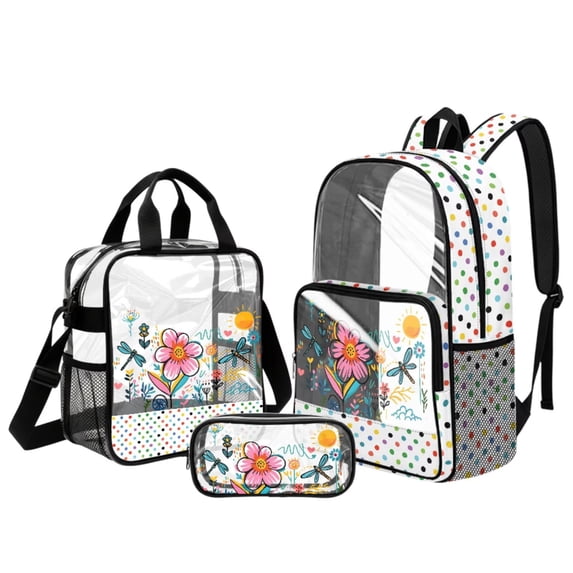 DISNIMO Dragonfly Floral Printed 3PCS Clear Backpack for Girls, Heavy Duty Transparent Bookbag Lunch Bag Set, See Through PVC Clear Backpack for Students
