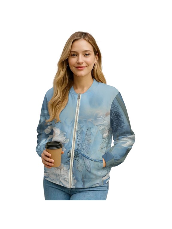 Dragonfly Floral Printed Jackets for Women Long Sleeve Outwear Zip Up Sweatshirts Fall Winter Outfits, 3XL