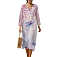 thumbnail image 1 of DISNIMO Dragonfly Flower Print Women's Casual Maxi Dresses Loose V Neck Dress Vacation 3/4 Sleeve Midi Dress Fashion Linen-Like Dresses, XL, 1 of 6