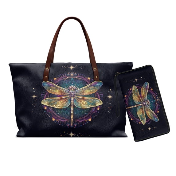 DISNIMO Dragonfly Print Handbag Set of 2 Womens Tote Bag with Wallet PU Leather Satchel Shoulder Bag with Zipper Closure, Gift for Mom Wife etc