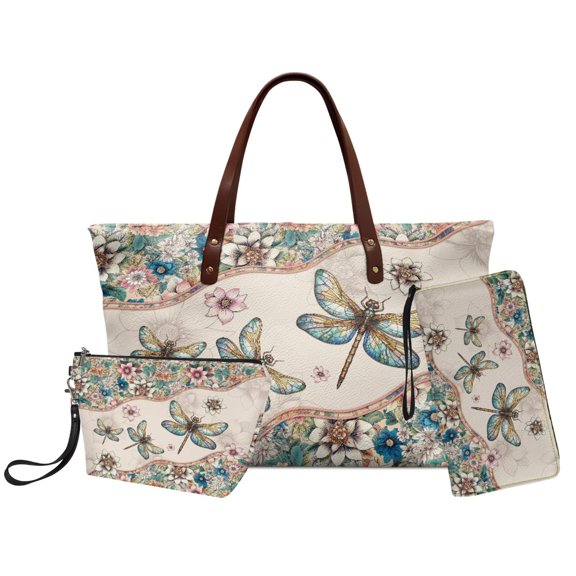 DISNIMO Dragonfly Print Purses Set of 3 Boho Mandala Flower Print Tote Handbag with Wristlet Wallet and Makeup Pouch Stylish Leather Hobo Bags for Daily Use