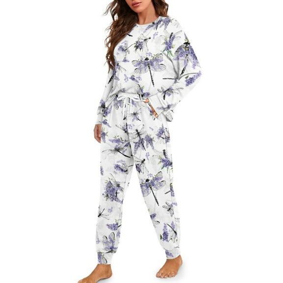 DISNIMO Dragonfly Printed Women's 2 Piece Lounge Sets Long Sleeve Sleepwear with Long Pants Casual Oversized Pajama Sets Crew Neck Loungewear Nightwear, M