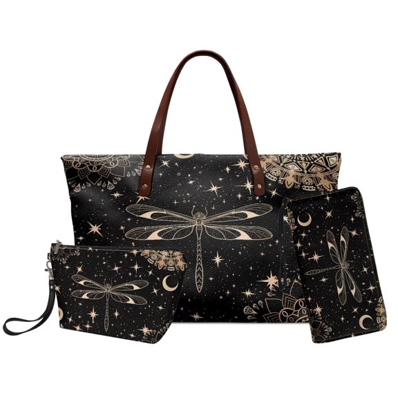 DISNIMO Dragonfly Star Print Purses Set of 3 Large Tote Handbag with Wristlet Wallet Portable Leather Hobo Handbag and Make Up Bag, Black