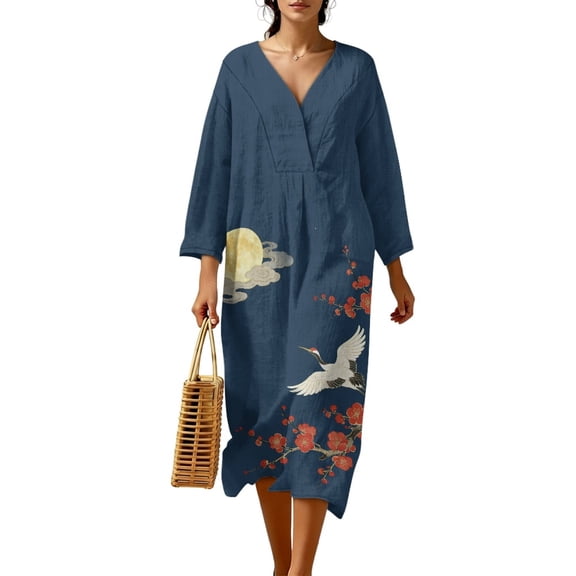 DISNIMO Dress for Women Crane Flower Print Fashion Casual Maxi Dresses V Neck Loose Dress Lightweight 3/4 Sleeve Shift Dresses Imitation Linen Outfits, 3XL