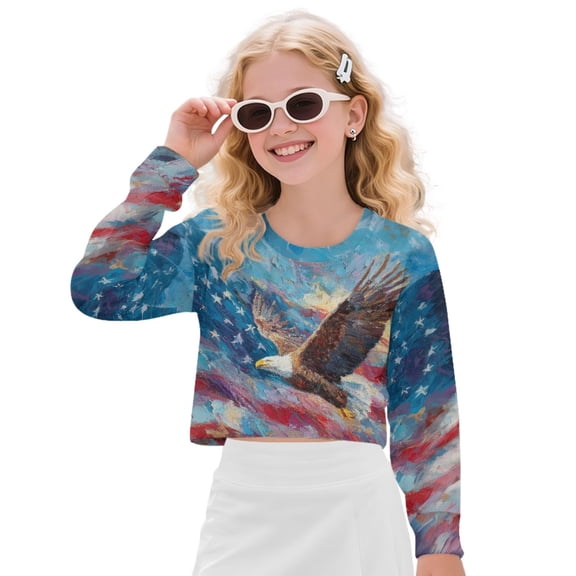 DISNIMO Eagle American Flag Printed Stylish Crop Tops for Girls Round Neck Tee Shirt Long Sleeve Cropped Sweatshirts Casual Loose Pullover Sweatshirts for Teens Youth Kids