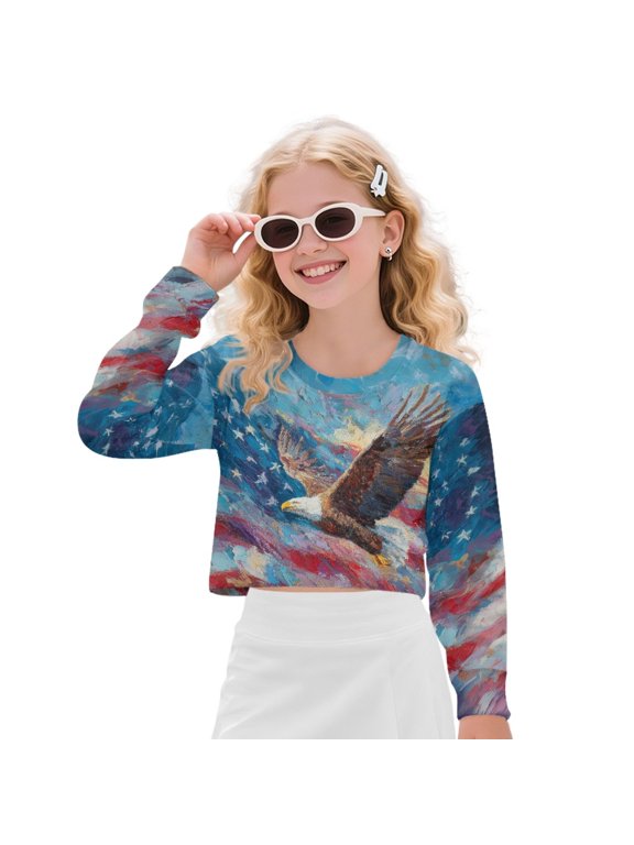 Eagle American Flag Printed Stylish Crop Tops for Girls Round Neck Tee Shirt Long Sleeve Cropped Sweatshirts Casual Loose Pullover Sweatshirts for Teens Youth Kids