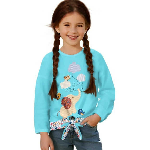 DISNIMO Elephant Printed Cute Girls Long Sleeve Tops Casual Loose Blouse Top with Tie Hem Soft Crew Neck Pullover Tops for 5-12 Years Old Girls