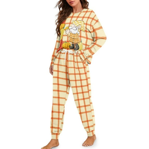 DISNIMO Fall Thanksgiving Print Pajama Set Womens Loungewear Sleepwear 2 Piece Pjs Sets Long Sleeve Top and Matching Long Pants Casual Fashion Lounge Sets with Pocket, XL