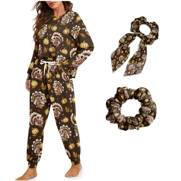 DISNIMO Fall Turkey Pumpkin Print Womens 2 Piece Lounge Set Long Sleeve Sleepwear with Long Pants 4 Piece Pajama Set with Hair Band Round Neck Loungewear Nightwear with Pockets, M