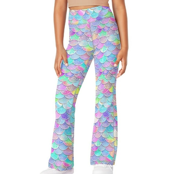 DISNIMO Fantasy Scale Girls Flare Leggings Cross High Waisted Yoga Pants Kids Bell Bottom Leggings with Pockets Sizes 9-10 Kids Workout Dancing Yoga Bell Bottoms Leggings