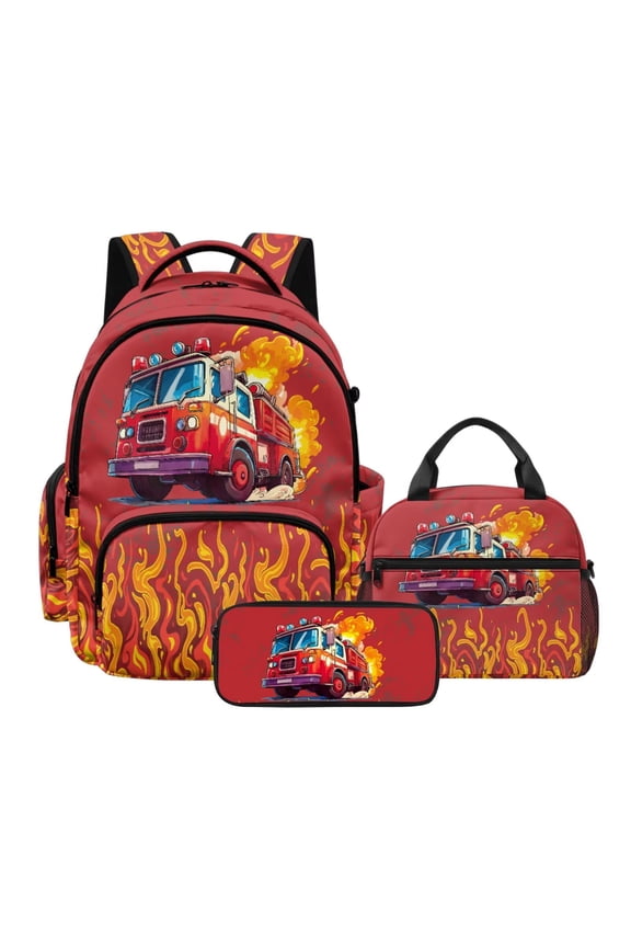 Fire Engine Print Backpack for Girls, 3PCS Boys Backpack with Lunch Box & Pencil Pouch, Lightweight School Bag for Preschool Elementary Students