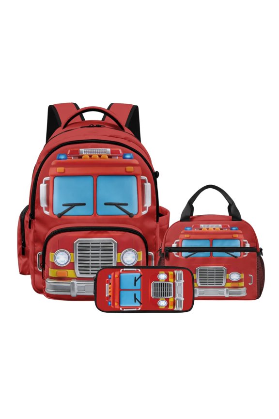 Fire Engine Print Backpack and Lunch Box Set for School, 17 Inch Lightweight School Backpack Set with Pencil Box, 3 in 1 Bookbag Large Schoolbag for Travel Camping Picnic