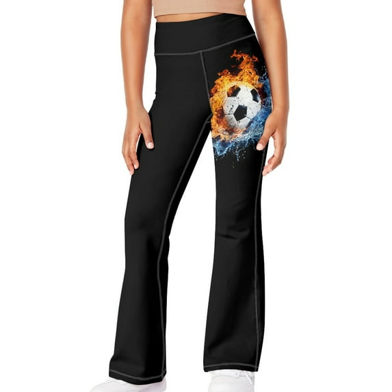 DISNIMO Fire Soccer Flare Leggings for Girls Crossover High Waisted Kids Bell Bottom Pants with Pockets for Yoga Dance Girls Polyester Dance Yoga Pants Size 9-10 Flare Leggings for Boys