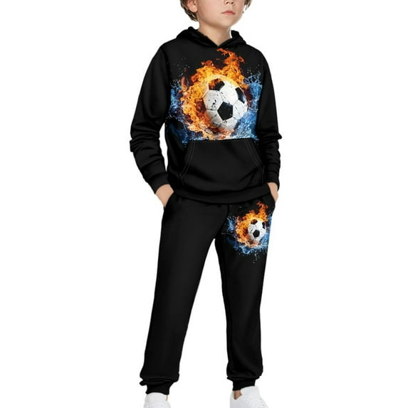 DISNIMO Fire Soccer Hoodie Boys Pullover Hoodies for Boys Hoodies Sets Boys 2 Piece Hoodie Sweatsuit Sets for Boys Size 10-12 Hoodies Set for Boys Hooded Sweatshirt with Pockets Crew Neck Hoodie