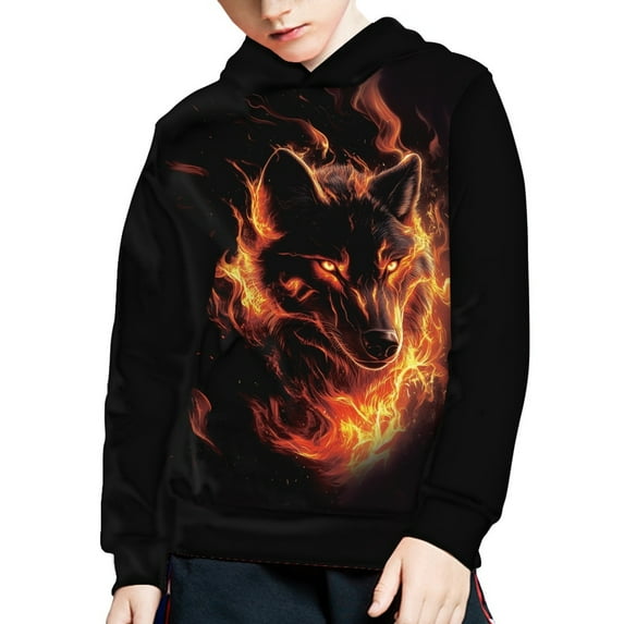 DISNIMO Fire Wolf Hoodie Kids Hooded Sweatshirts Boys and Girls Matching Hoodies Pullover Sweatshirt with Pockets Child Streetwear Hoodie Size 11-13 Teenage Girl Fall Clothes Black