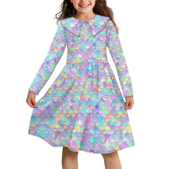 DISNIMO Fish Scale Dress Kids 11-12 Long Sleeve Collared Dresses Kids Midi Dress for Girls Swing Dresses for Children Long Sleeve Dress Kids Twirl Dress Girls Childrens Twirl Dress Kid Girl Dresses