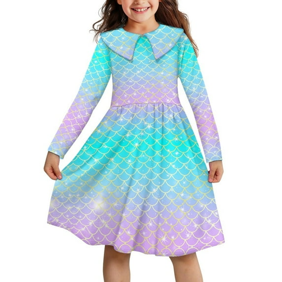 DISNIMO Fish Scale Dress Kids Long Sleeve Dresses for Girls 5-6 Long Sleeve Dresses Girls Casual Fall Dress Girls Midi Dress Long Sleeve for Girls Twirl Dresses Girls Swing Midi Dress Girls Soft