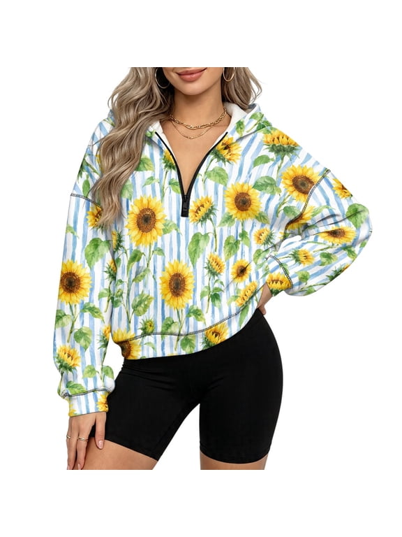 Fleece Polyester Fabric Pullover Tops for Airport Holiday Party, Casual Comfy Half Zip Sweatshirt Women, Watercolor Sunflower Print, Size 3XL