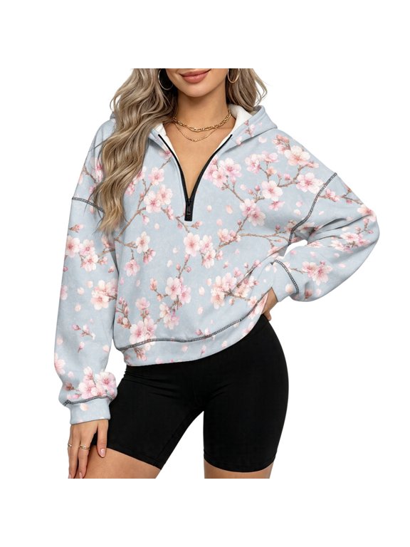 Fleece Polyester Fabric Pullover Tops with Comfort, Pink Cherry Blossom Print Trendy Hoodies for Women Zip Up for Winter Lounge, Size L