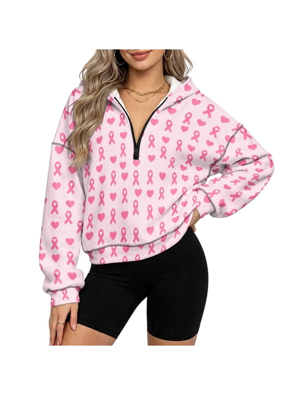 Fleece Polyester Fabric Sweatshirts for Holiday Party Lounge, Oversized Casual Women's Half Zip Hooded Sweatshirt, Pink Awareness Ribbon Heart, Size S