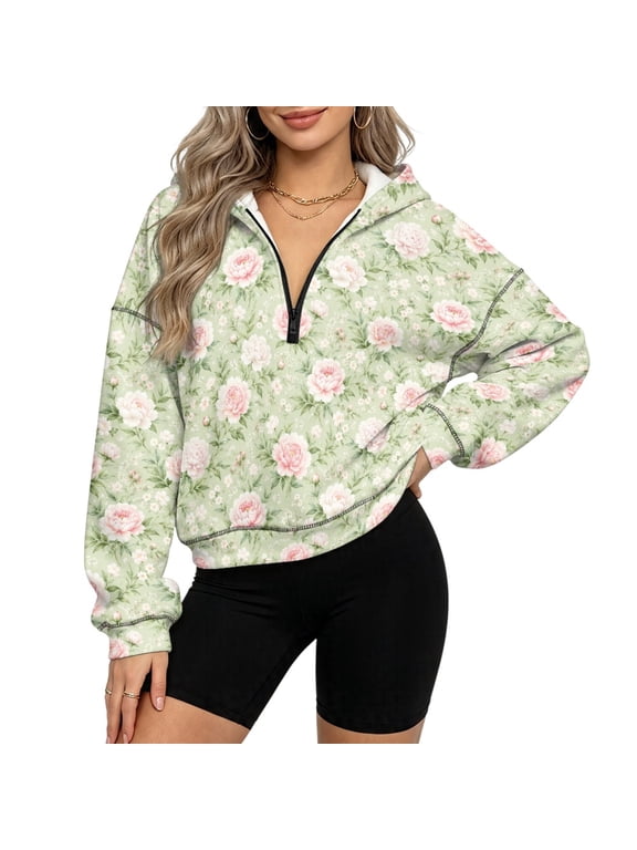 Fleece Polyester Fabric Sweatshirts with Casual, Pink Peony Floral Print Comfort Cropped Pullover for Fall Workout, Size 2XL