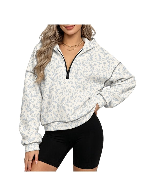 Fleece Polyester Fabric Womens Half Zip Hoodies with Casual, Leaf Pattern Quarter Half Zip Pullover Hooded Sweatshirt Women for Gym Travel, Size 3XL