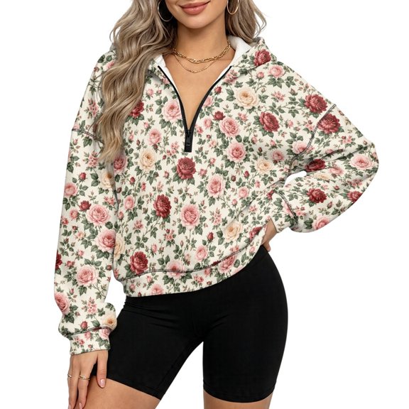 DISNIMO Fleece lined Quarter Zipper Hoodies Vintage Rose Floral Print with Oversized Fleece Polyester Fabric Women Half Zipper Pullover Sweatshirt for Travel Workout, Size 2XL