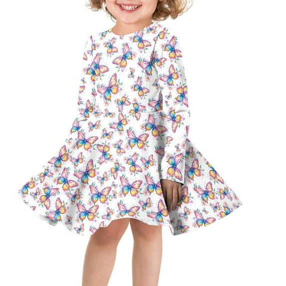 DISNIMO Floral Butterfly Dresses for Girls 7-8 Years Old Girls Flower Print Dress for Kids Fall Long Sleeve Midi Dress for Girls Skater Dresses for Children School Dress Casual Girl Swing Dress