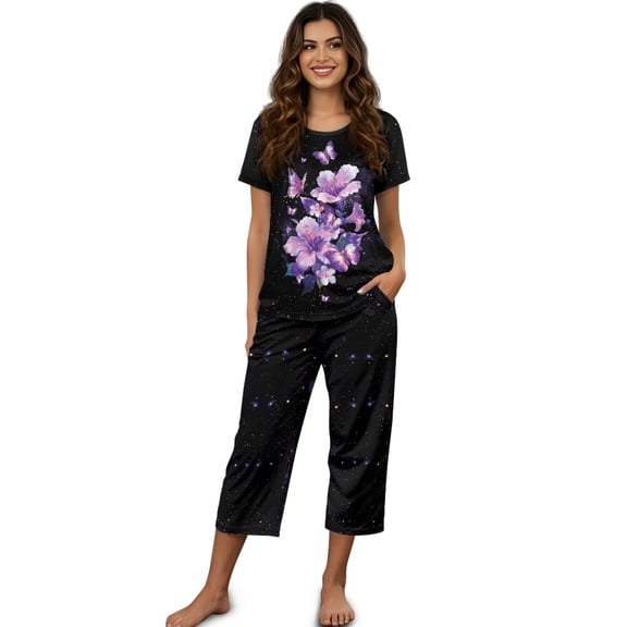 DISNIMO Floral Butterfly Printed Pajamas Set for Women, Soft 2 Piece Pjs Set Casual Sleepwear Summer Tops and Capri Pant Lounge for Home, 4XL