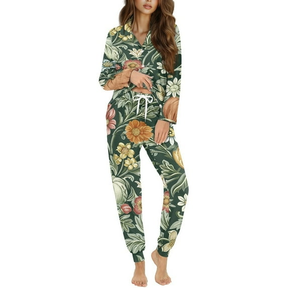 DISNIMO Floral Print Womens Button Down Pajama Set Long Sleeve Sleepwear 2 Piece Pj Set Soft Top and Wide Leg Pants Soft Comfy Ladies Lounge Sets, (Available in Plus Size)