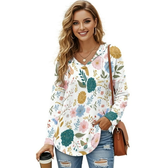 DISNIMO Floral Printed Hoodies for Women V Neck Sweatshirts Long Sleeve Pullover Tops Waffle Shirts for Fall Winter, S