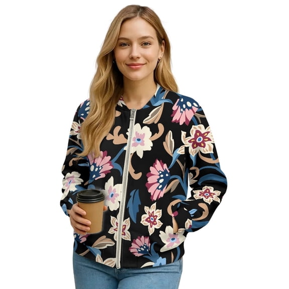 DISNIMO Floral Printed Jackets for Women Long Sleeve Sweatshirts Zip Up Outwear V Neck Jackets Fall Winter Clothes, 4XL