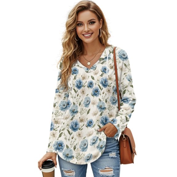 DISNIMO Floral Printed Sweatshirts for Women Trendy Hoodies Long Sleeve Pullover Tops Waffle Shirts for Fall Winter, 3XL
